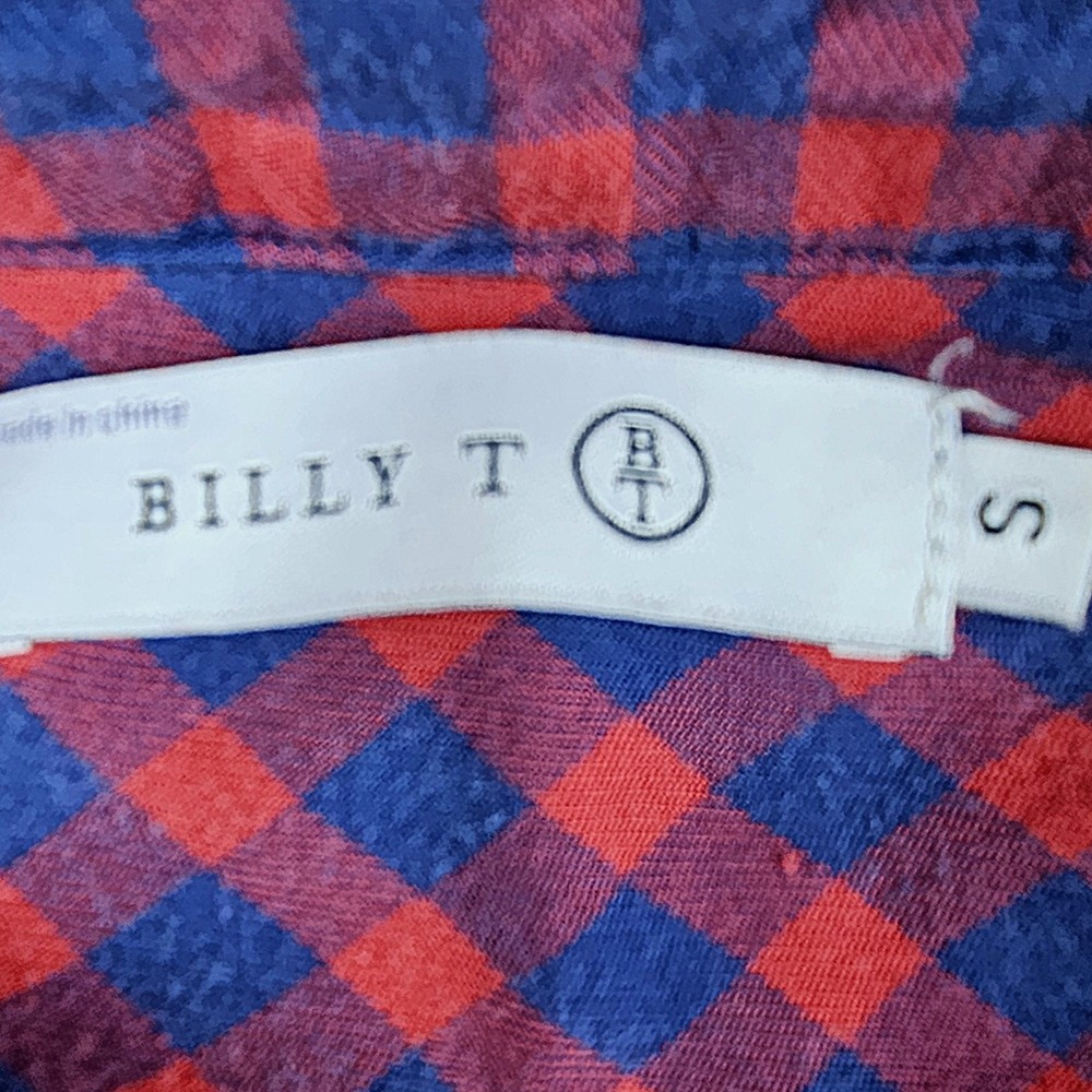 Billy T Shirt Dress Small Red Blue Plaid Studded High Low Button Roll Tab Sleeve - Picture 4 of 10